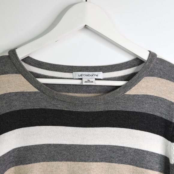 LIZ CLAIBORNE Gray Cream Tan Striped Long Sleeve Classic Soft Sweater - Size XL - Picture 3 of 8